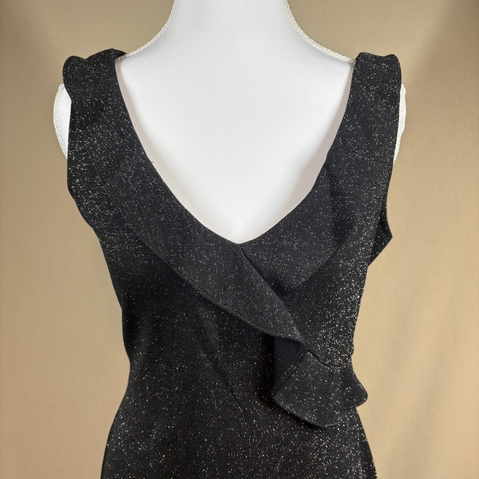Vtg Breakin’Loose Dress 9/10 Black Silver Metallic Asymmetric Hem Ruffle Fairy