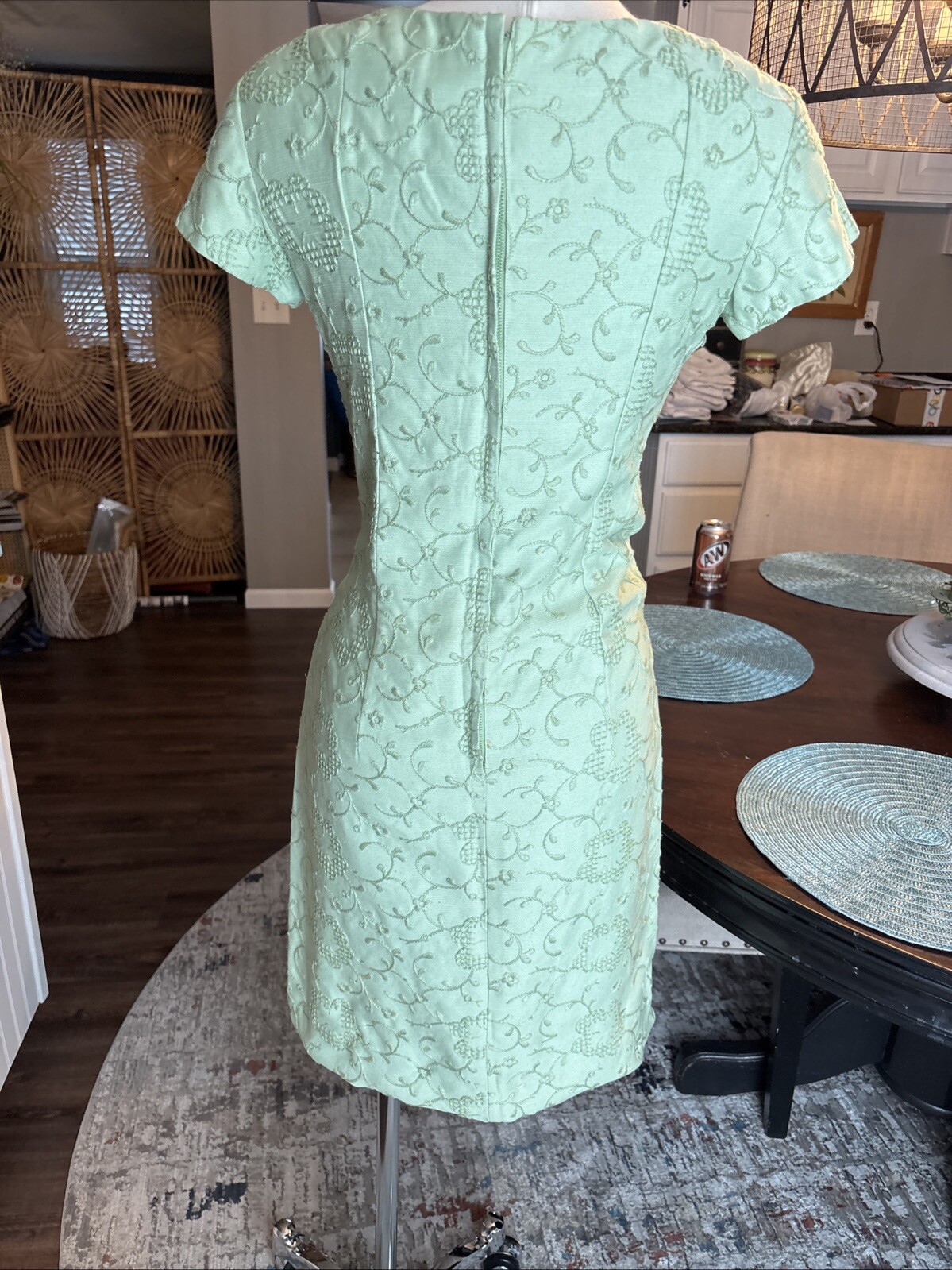 Vintage Embroidered Beaded Celery Green Midi Dress M Pencil Wiggle