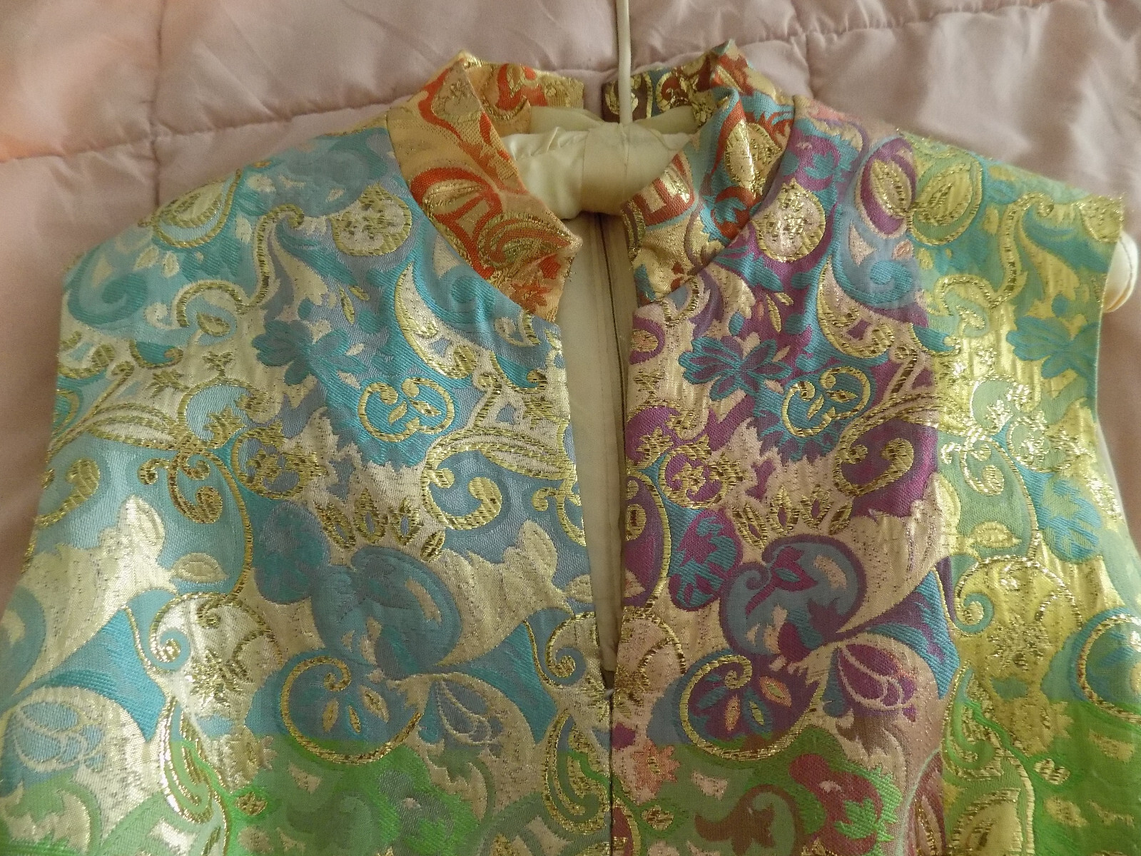 Vtg FAB 60s Joseph Magnin Metallic Tapestry Gold Pink Green Disco Maxi Jumpsuit
