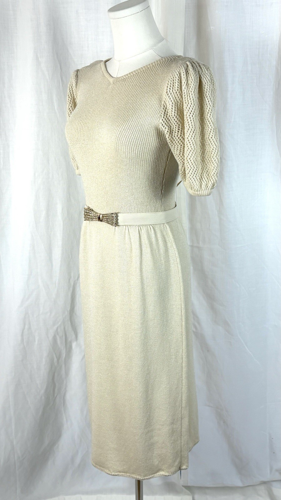 Vintage 80’s St. John Knits Cream Sweater Dress With Rhinestone Belt Luxury Sz 8