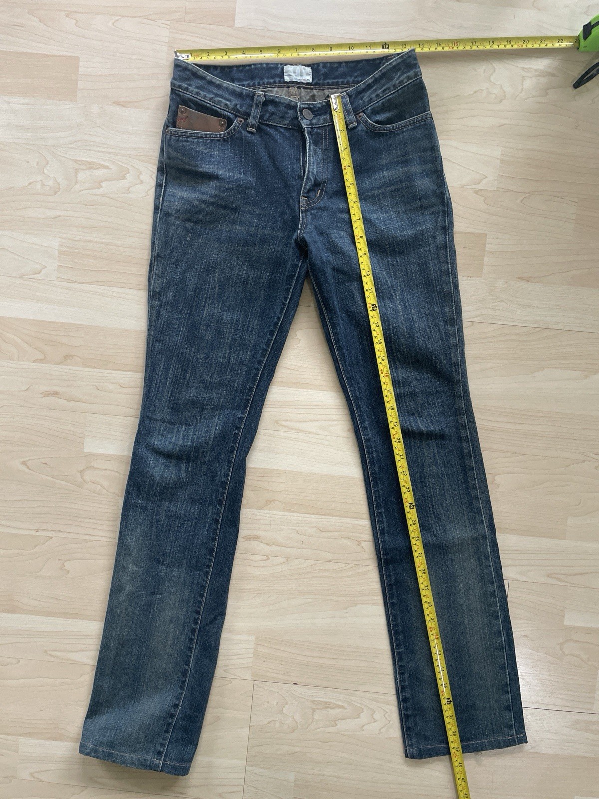 Edwin Vintage Jeans women Blue Bootcut Denim with Leather Trim Distressed