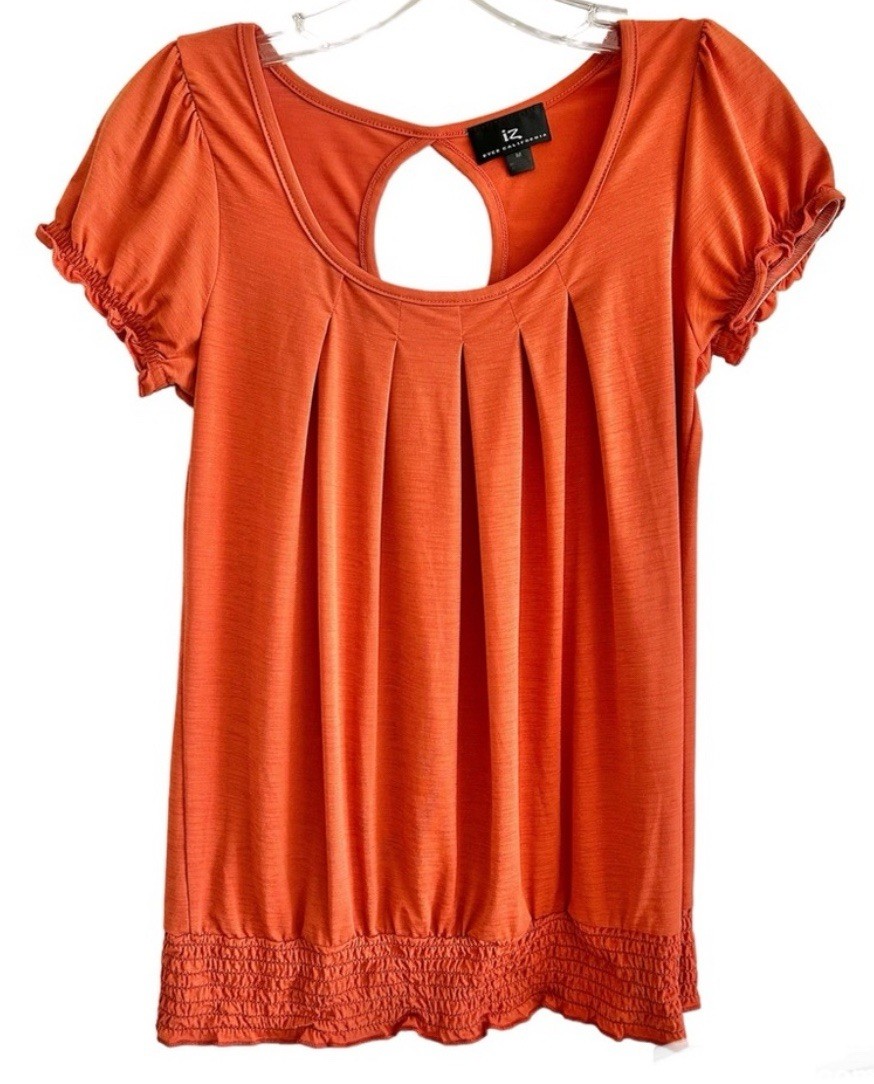Vintage 90s IZ BYER Orange Babydoll Top Size M Ruffle Cap Sleeves Elastic Waist