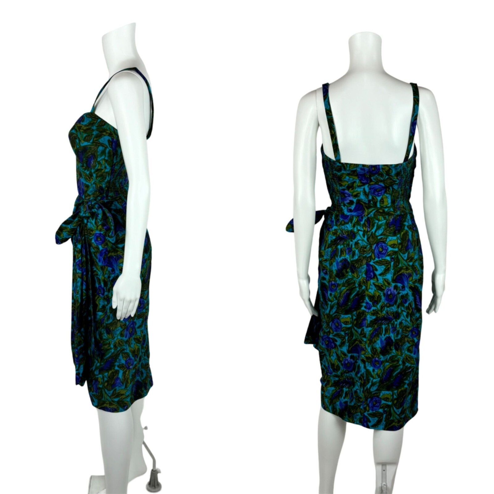Vintage 1950s Sarong Dress Women’s XS Blue Green Floral Wiggle Hawaiian Tiki