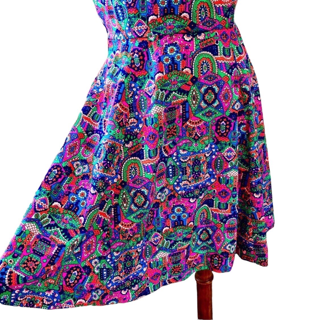Vtg 70s Skater Mini Dress Medium Bold Colorful Hot Pink Green Open Back Sundress