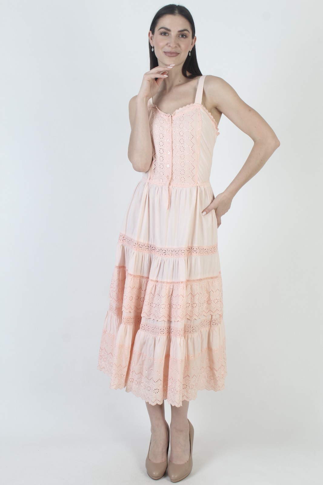 Vtg 70s Starina Paris Dress Embroidered Eyelet Cotton Sweetheart India Sundress