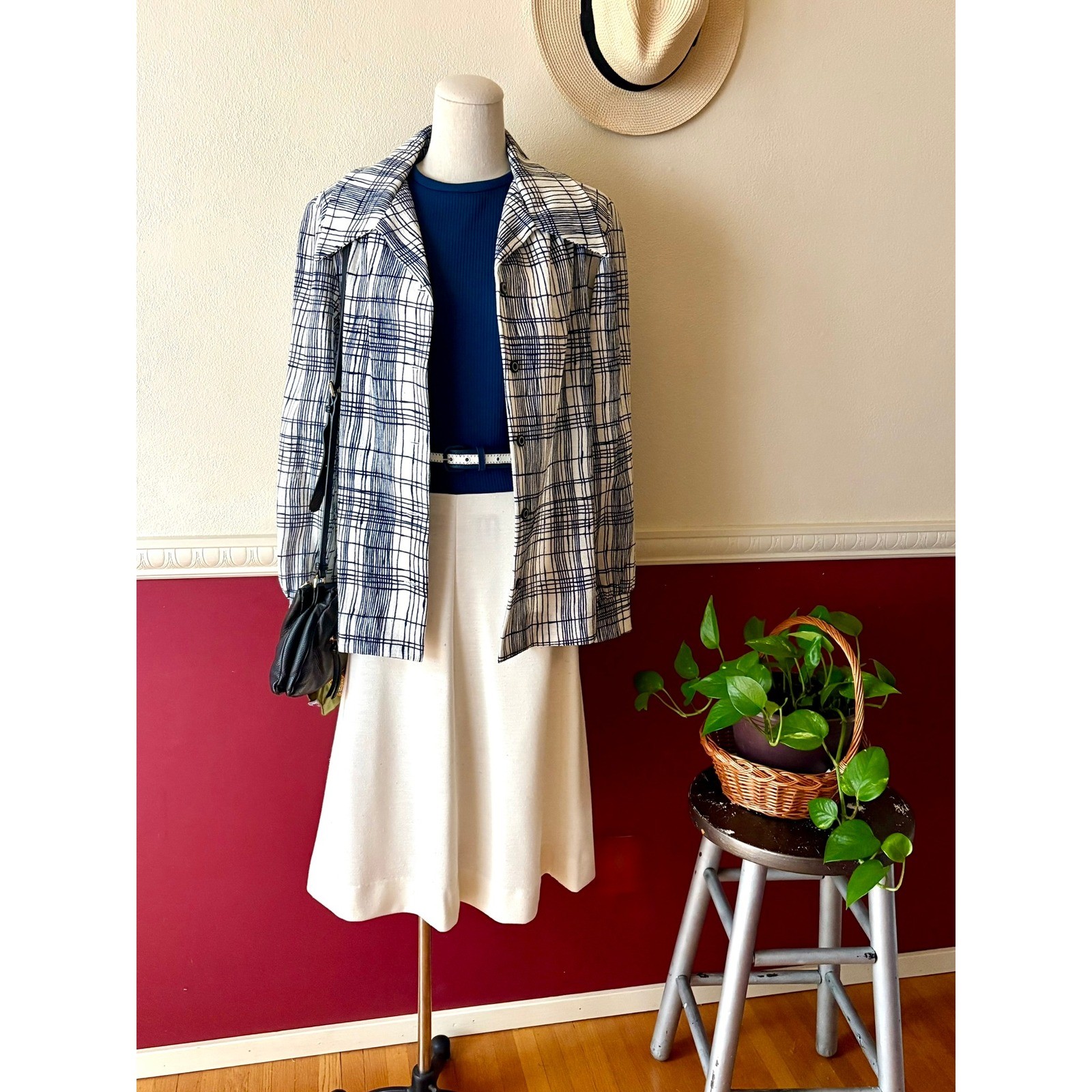 Vintage Bleeker Street 70s Dress Belt Jacket Set Navy Blue White Plaid Mod 3pc