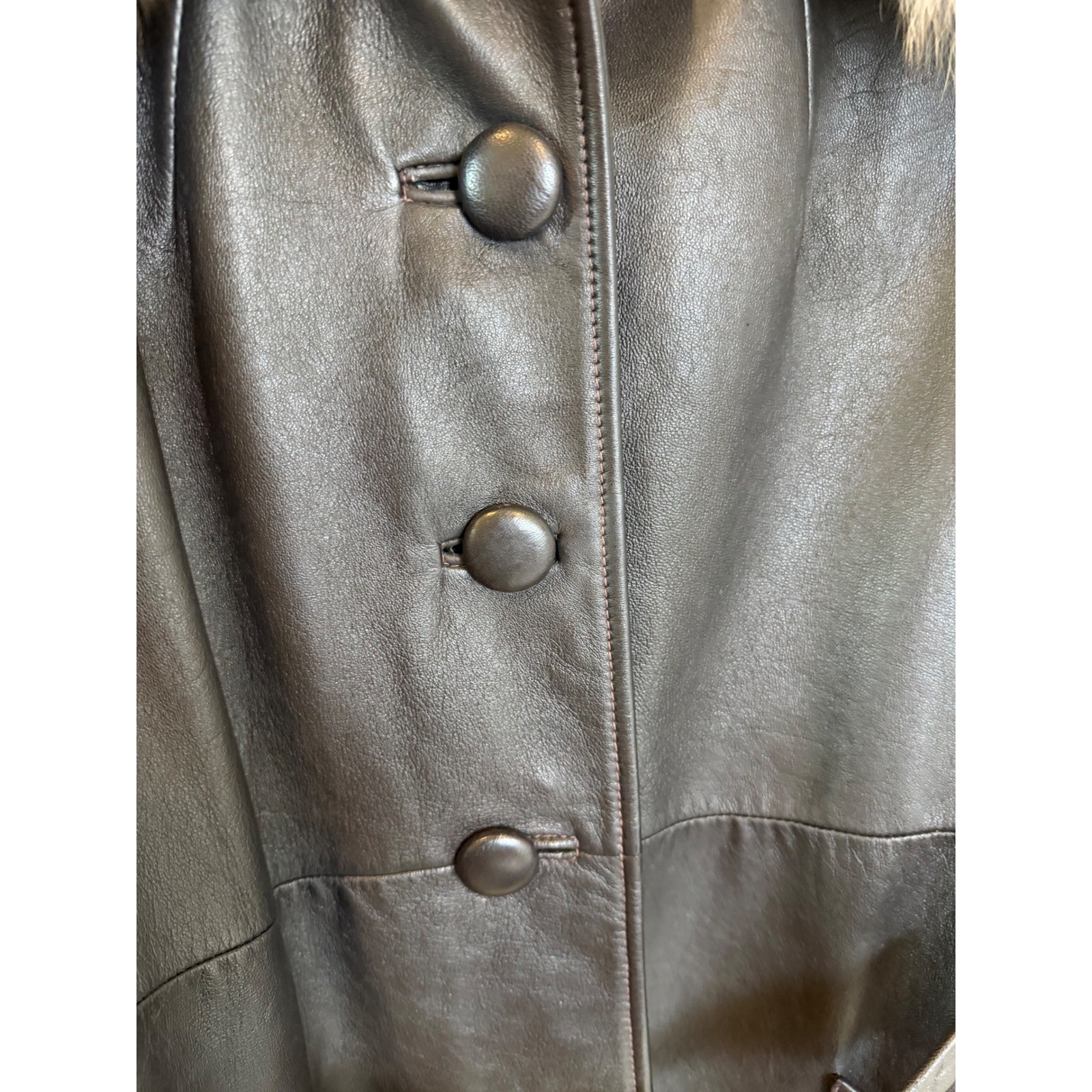Vintage Brown Leather Trench Coat Fur Collar Belted ILGWU Made USA 60 70’s
