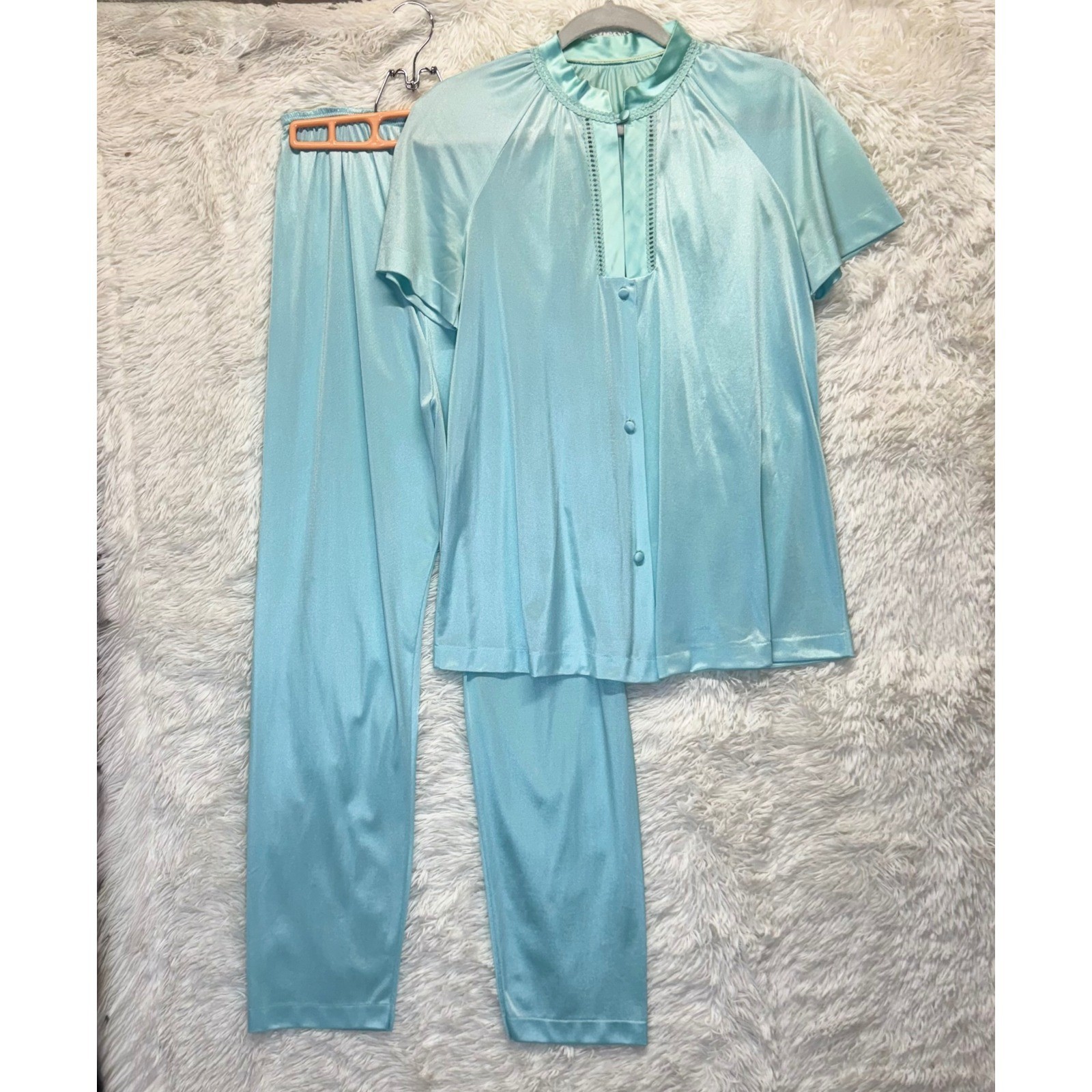 Vintage Gossard Blue Satin Pajama Set Small ILGWU Union Made Loungewear