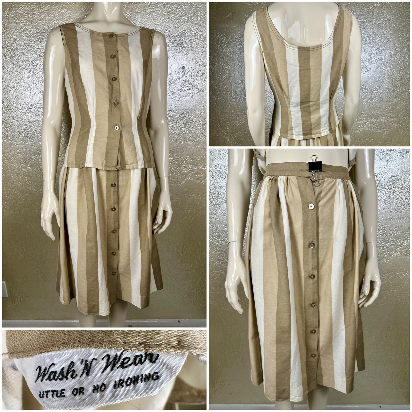 Vintage 1950s Ladies WASH N WEAR Brown Striped Cotton Two Piece Top Skirt Set