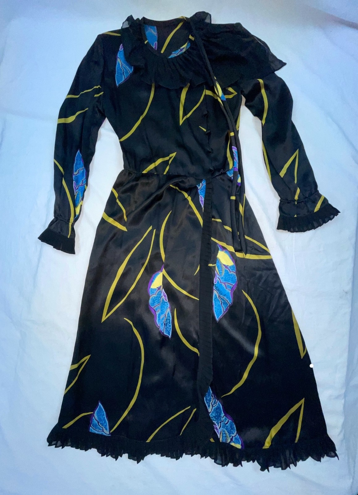 VTG 60s 70s WOMENS XS BLACK SATIN ASIAN FLORAL PRINT PARTY COCKTAIL DRESS