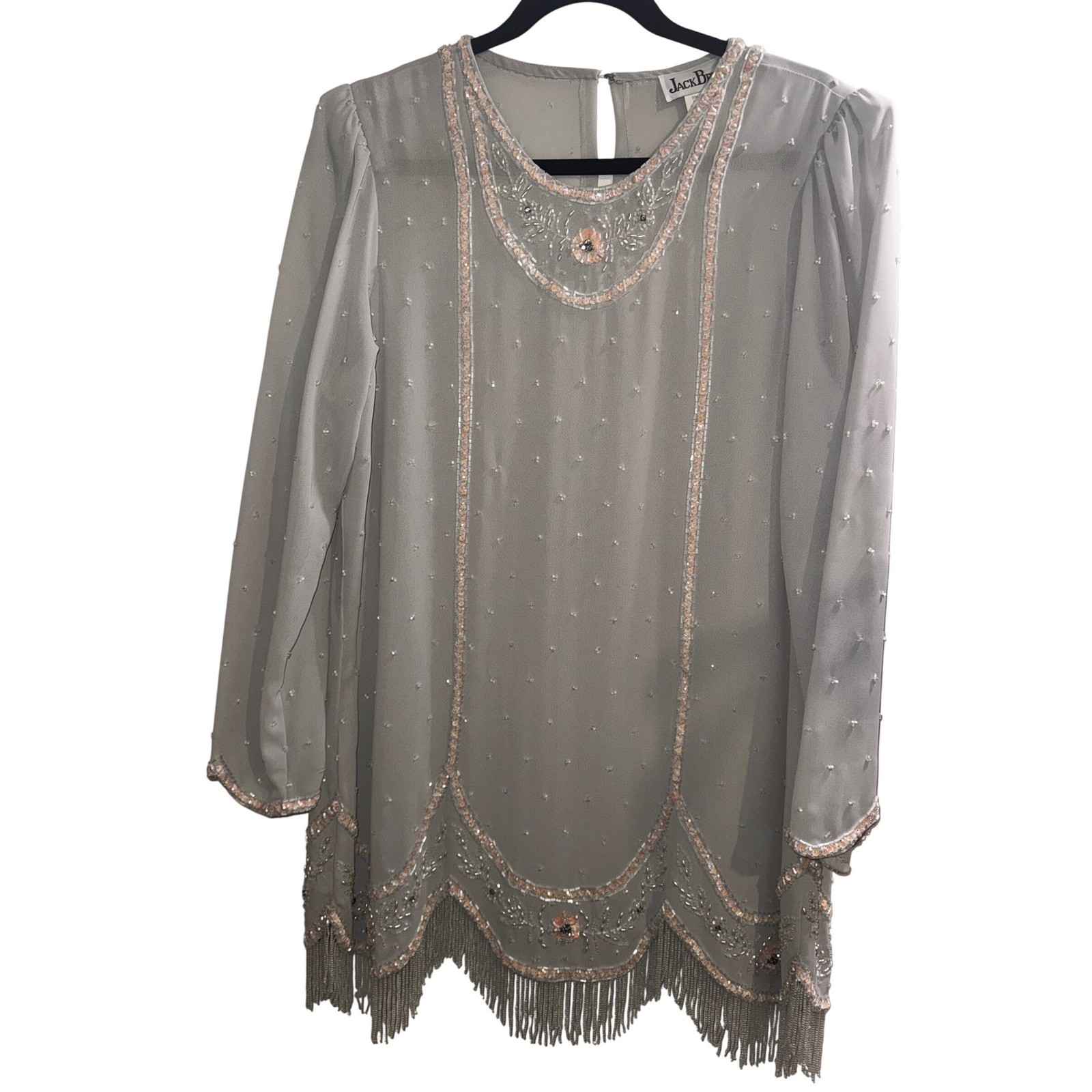 Vtg Jack Bryan 16/L/XL Grey Beaded Flapper Fringe Tunic Top Art Deco Sequin