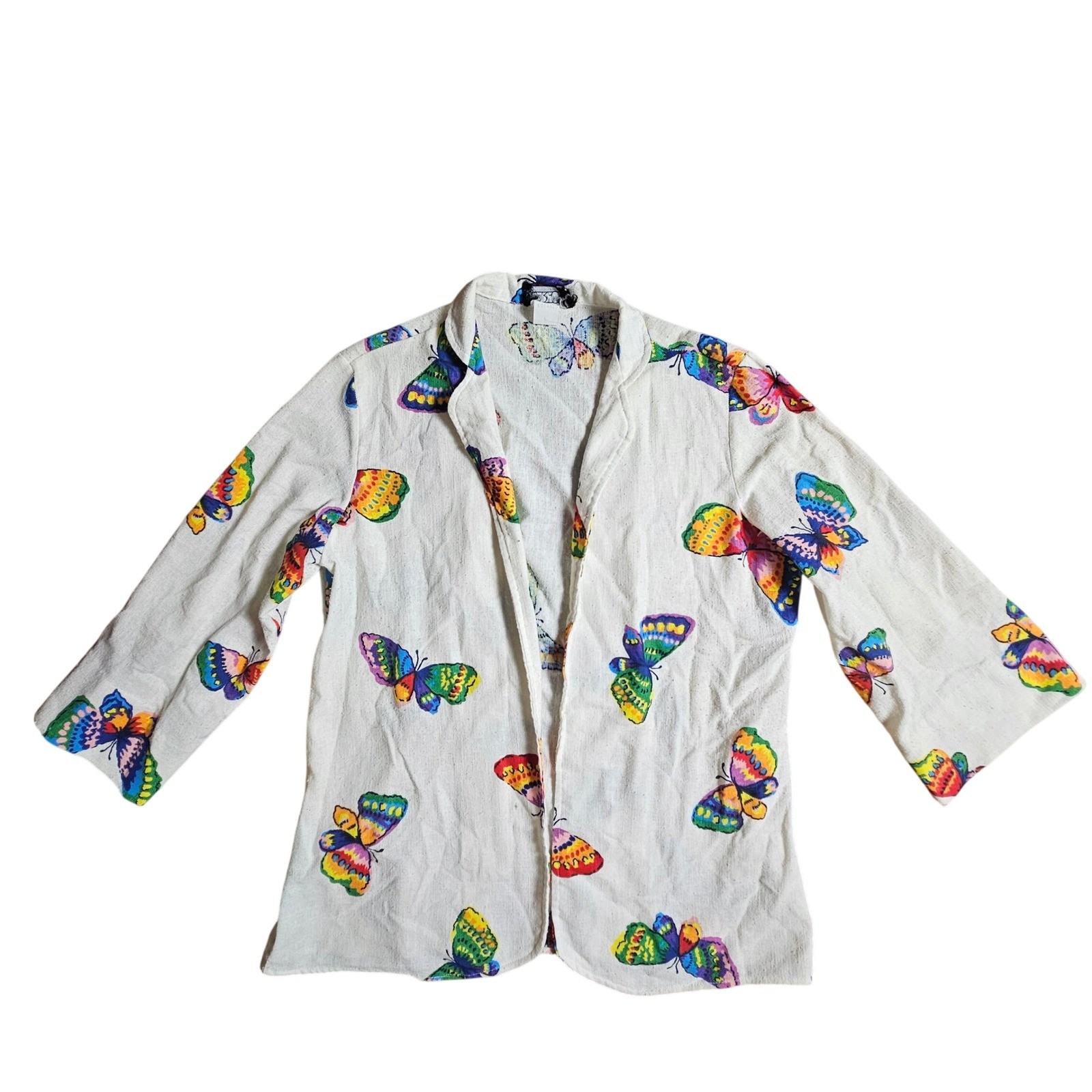 Vintage Harlow Rainbow Butterfly Print Open Front Blazer Jacket L Resort Beach