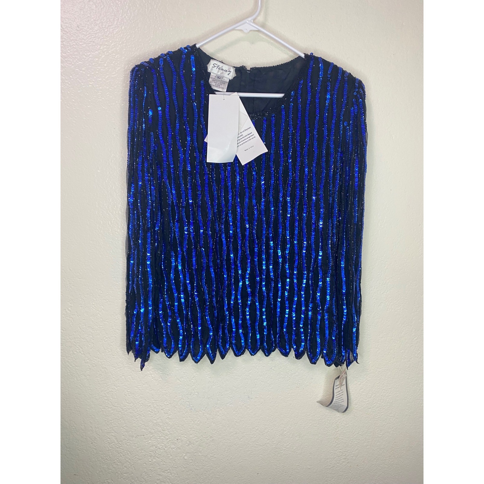 Vintage Deadstock NWT Stenay Silk Sequin Beaded Top Cobalt Blue Scalloped Hem XL