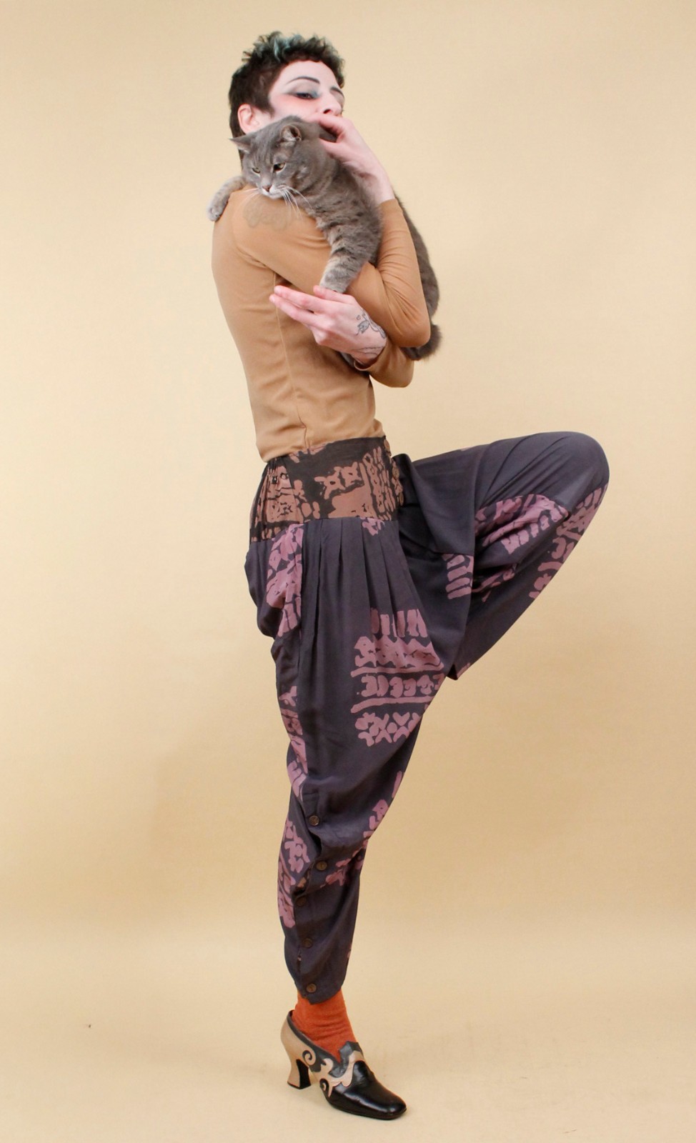 80s Vtg Silk Laise Adzer Designer Silk Moroccan Lagenlook Art Pants S-M W28-30″