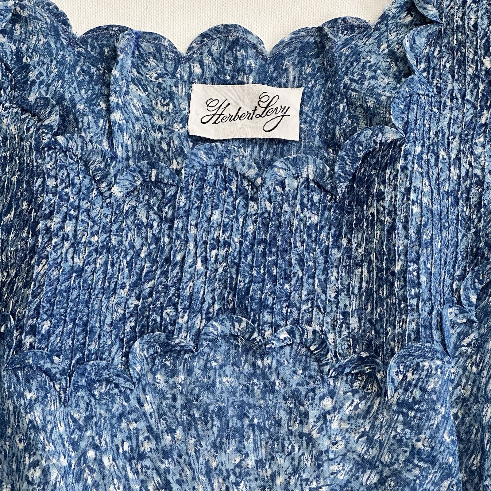 Vintage Herbert Levy Blue Crepe Party Dress Scalloped Neck Pintuck Union Size M*