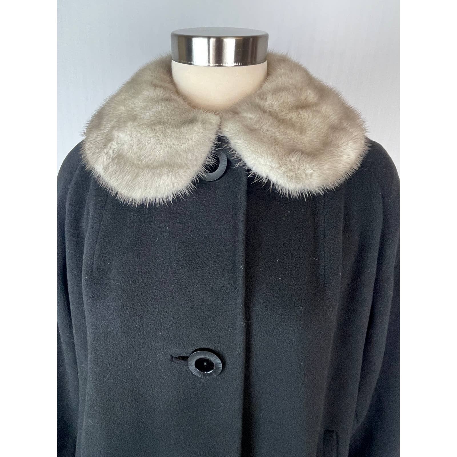 Vintage 1950s Black Cashmere Wool Coat Silver Gray Mink Fur Collar Rare Small/Me