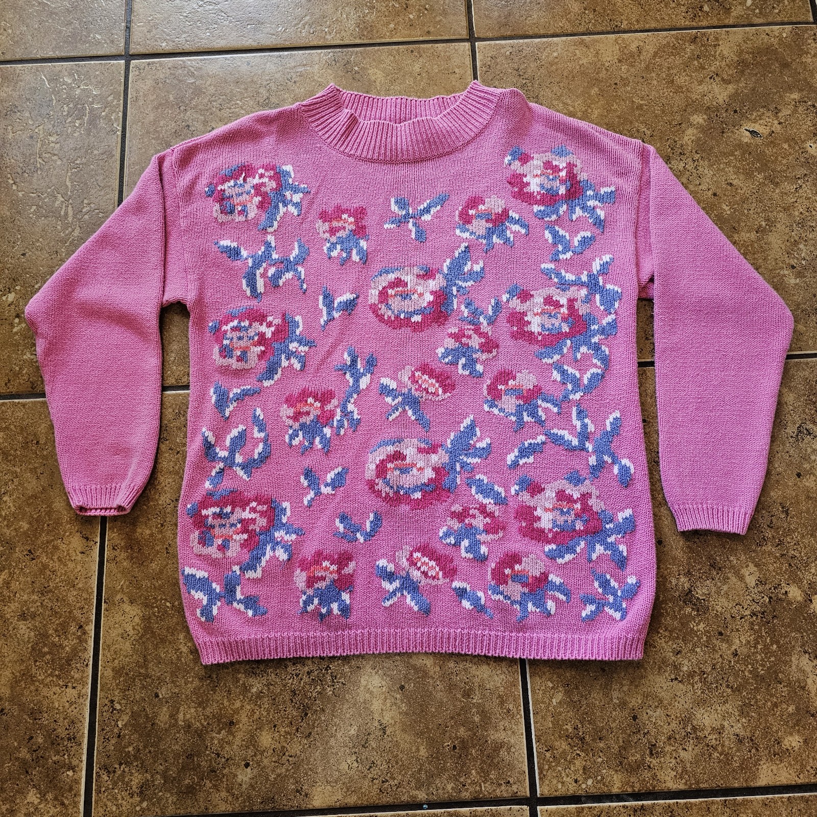 Vintage 90s Floral Knit Sweater Pink Purple Preview International Small Oversize