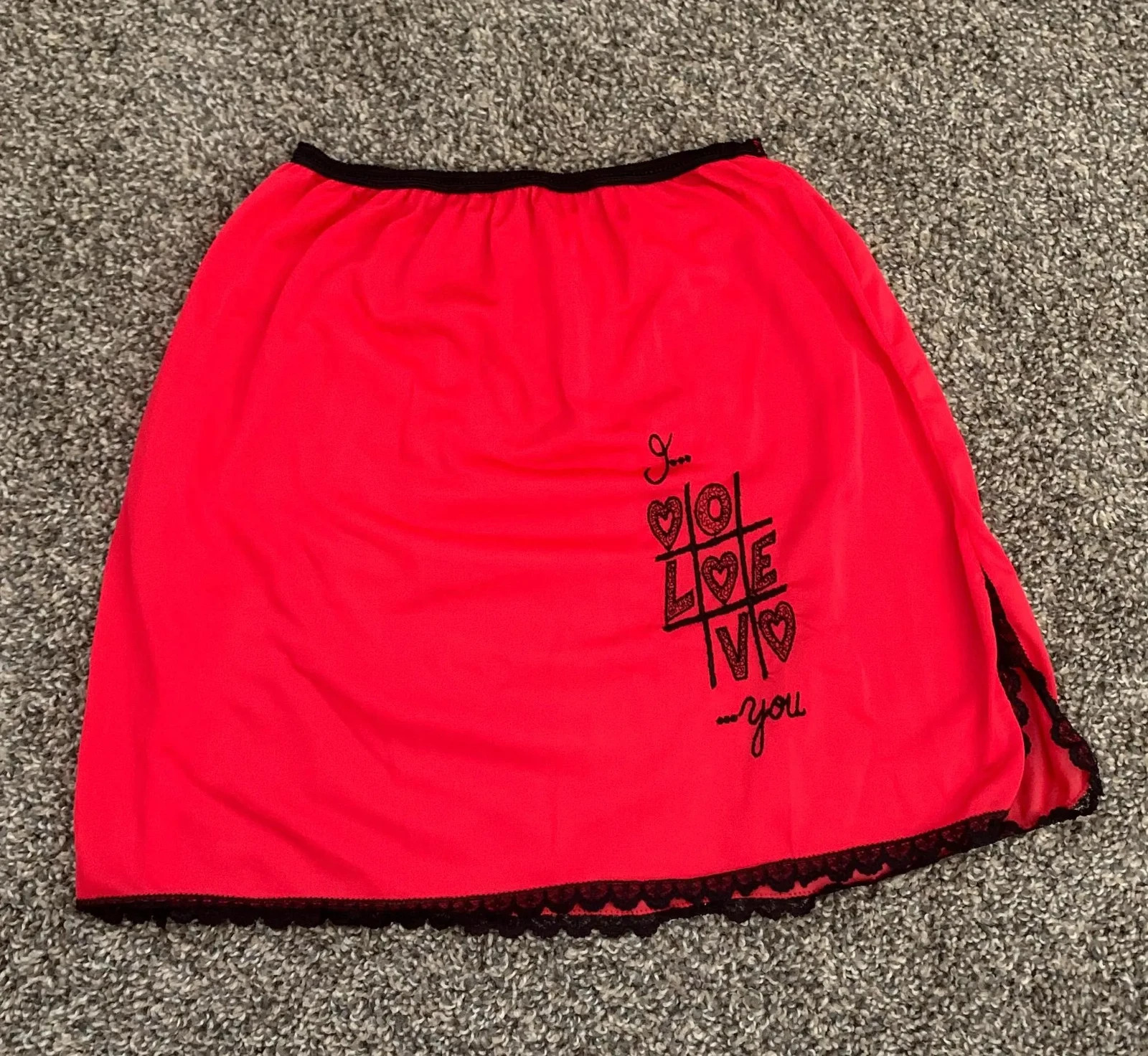 1960s Red Nylon with Black Lace Embroidered Half Slip Mini Skirt “I Love You”