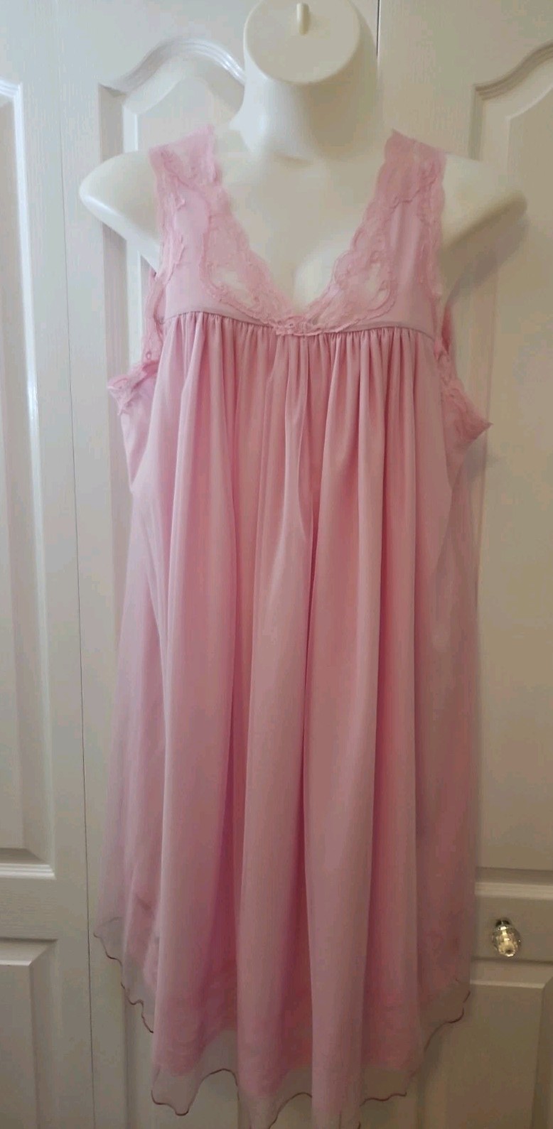 VTG Unbranded Pink BABYDOLL Double Sheer Chiffon Nightie w Lace Trim Size 1X 2X