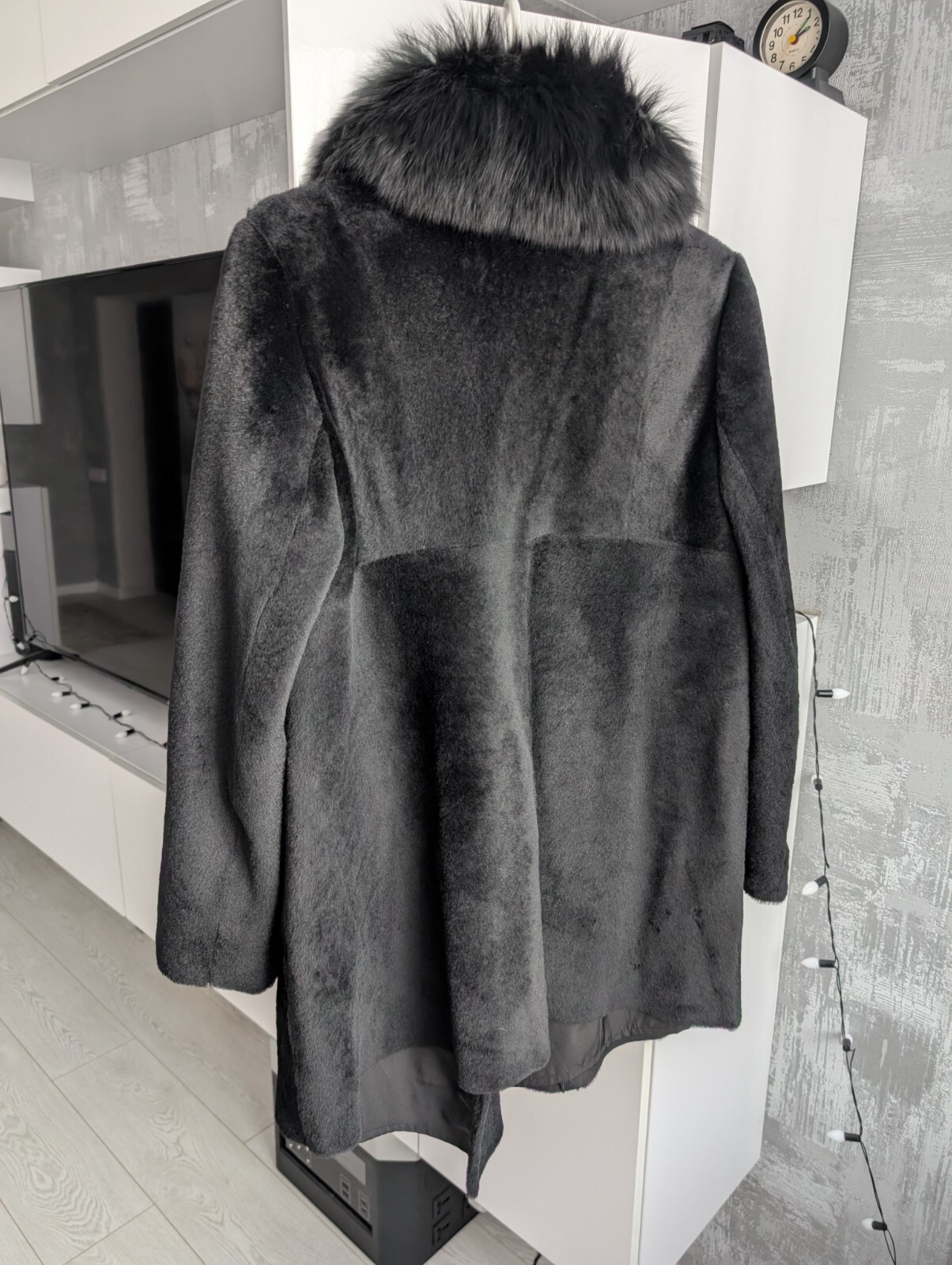 Sylvie Schimmel Pieton France Vintage Black Lamb Shearling Fox Fur Coat Jacket M