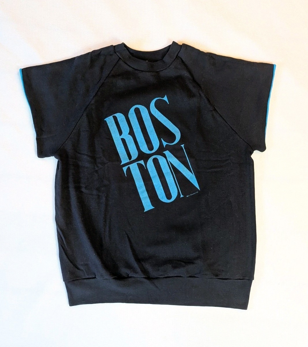 Vtg 80s Boston Short Sleeve Sweatshirt XL Warm Front Lexington Black Teal Raglan