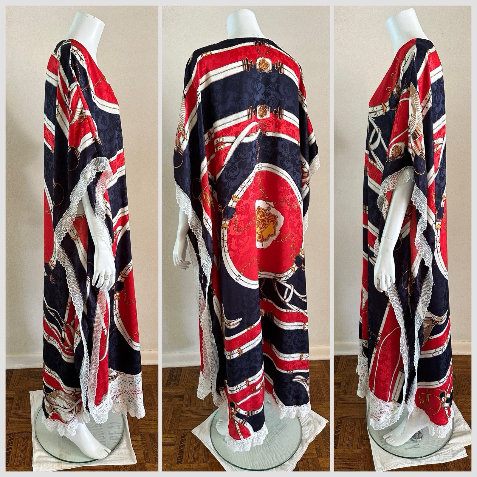 1970s Equestrian Scarf Print Caftan Dress Red Navy Gold Maxi Boho Resort Vintage