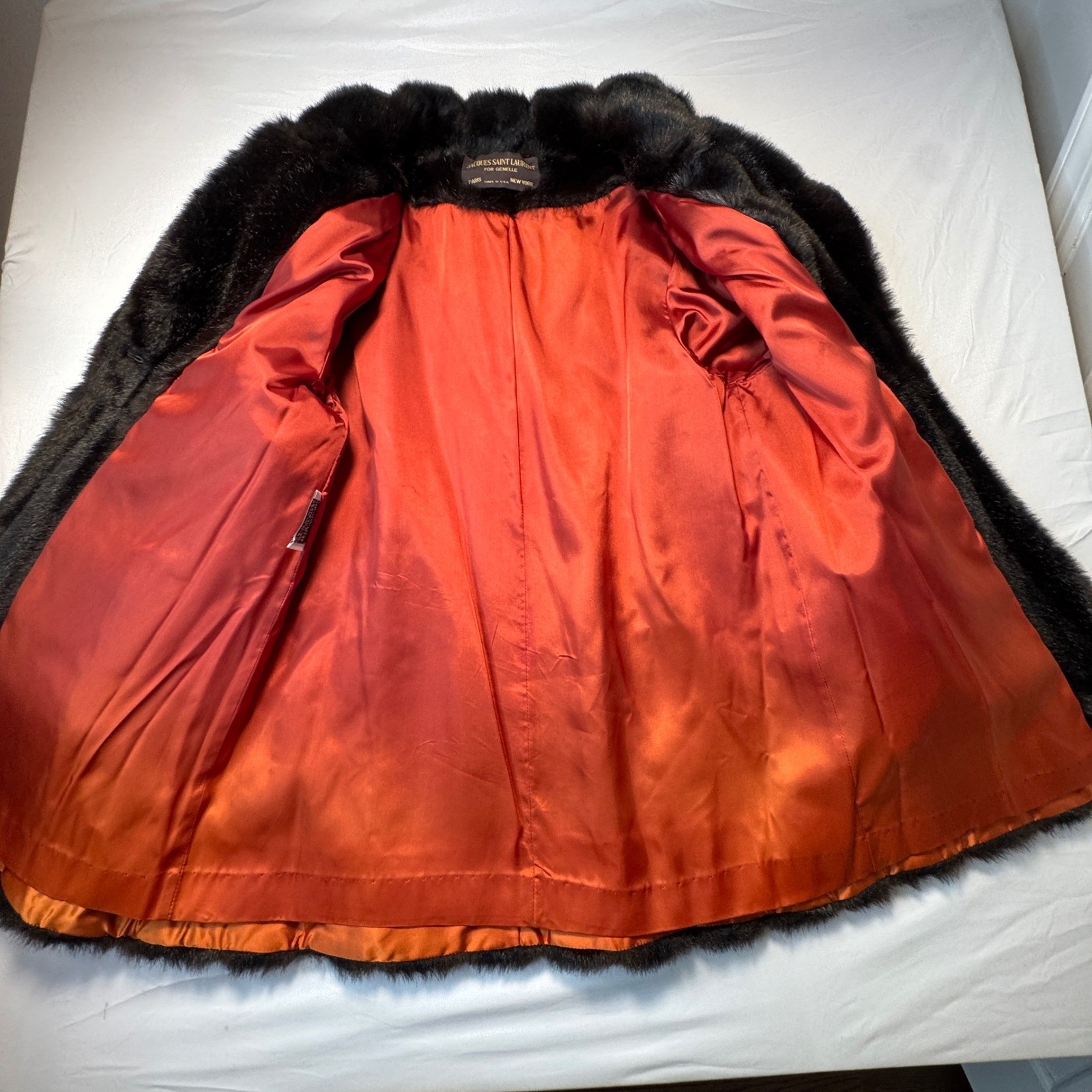 Jacques Saint Laurent for Genelle Vintage Faux Fur Coat Brown Orange Lining L