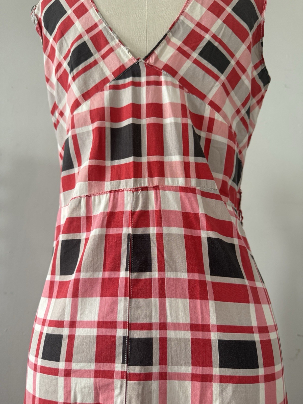30s Glazed Cotton Plaid Pointed Collar 1/4 Zip Halter Dress Midi Sportswear S/M