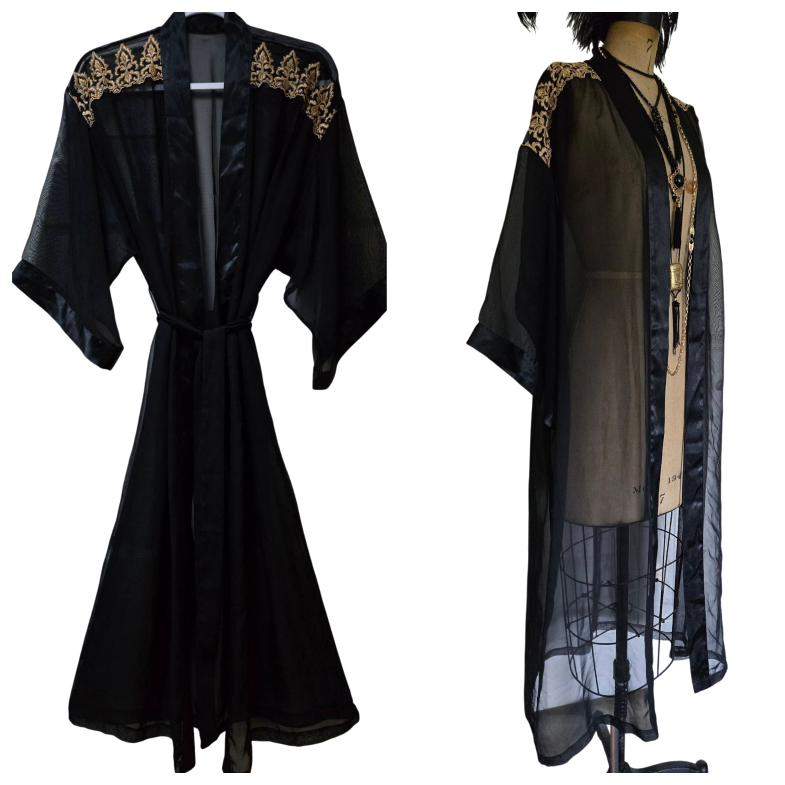 Vintage early 80s, Secret Treasures black chiffon gold trim robe peignoir