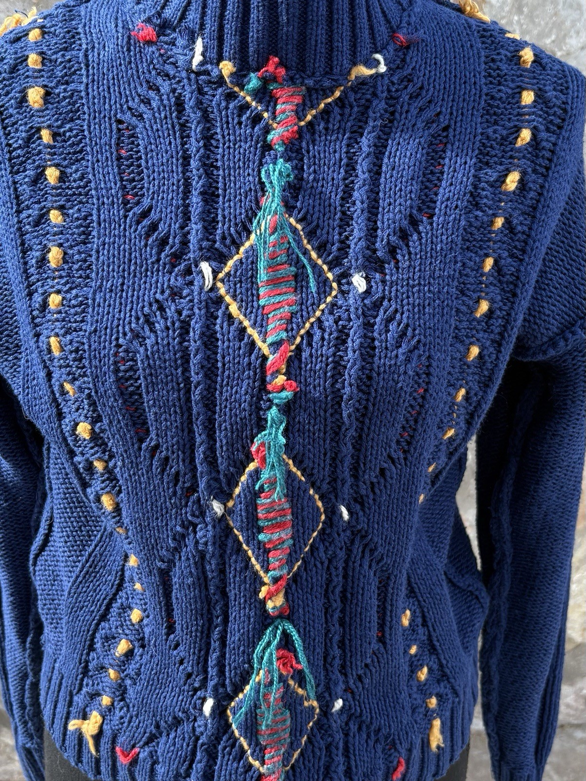 Vintage Mixed blues S Chunky Cable Knit Base W/ Colorful Embroidery POM POM READ