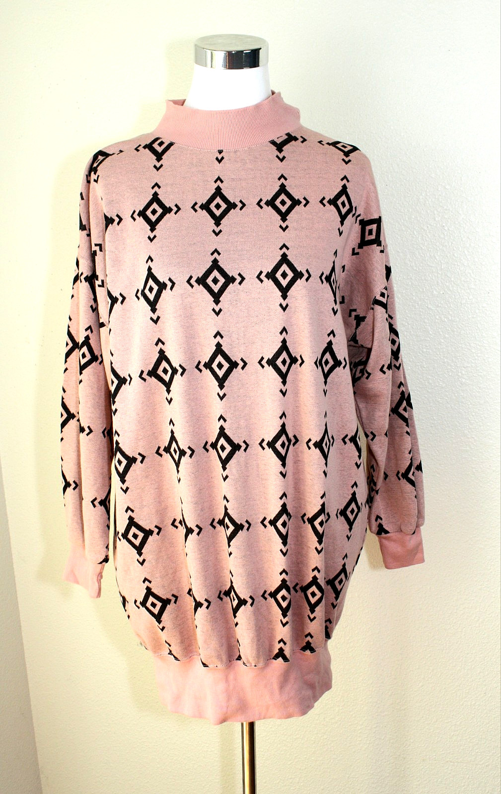 Preppy VTG McMac Pullover Sweater Top Mini Dress Sz L Pink Black Tribal Comfy 03