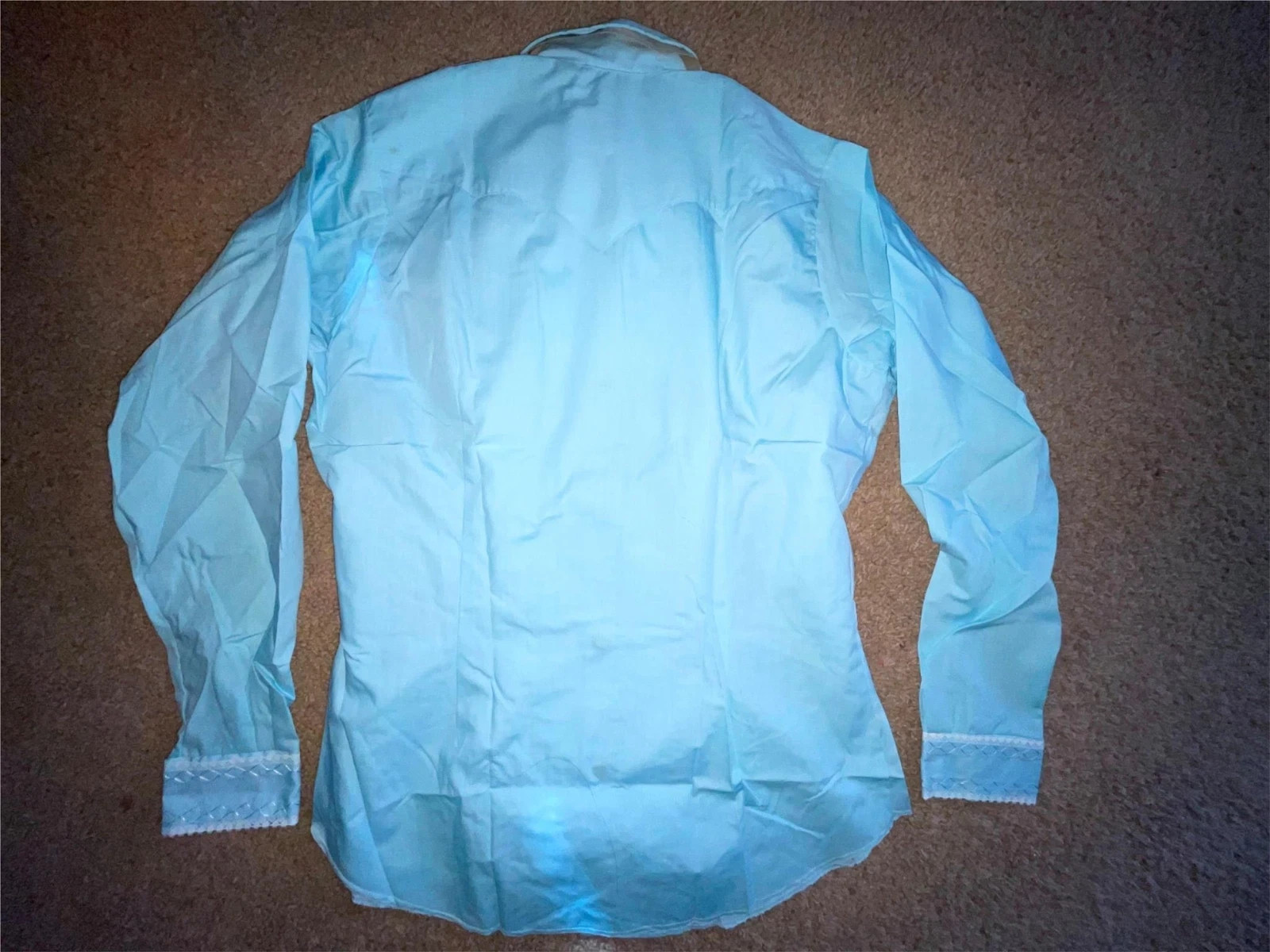 VTG 70S NEW WOMENS SMLXL RUFFLE WESTERN COWBOY BLUE BUTTON SHIRT