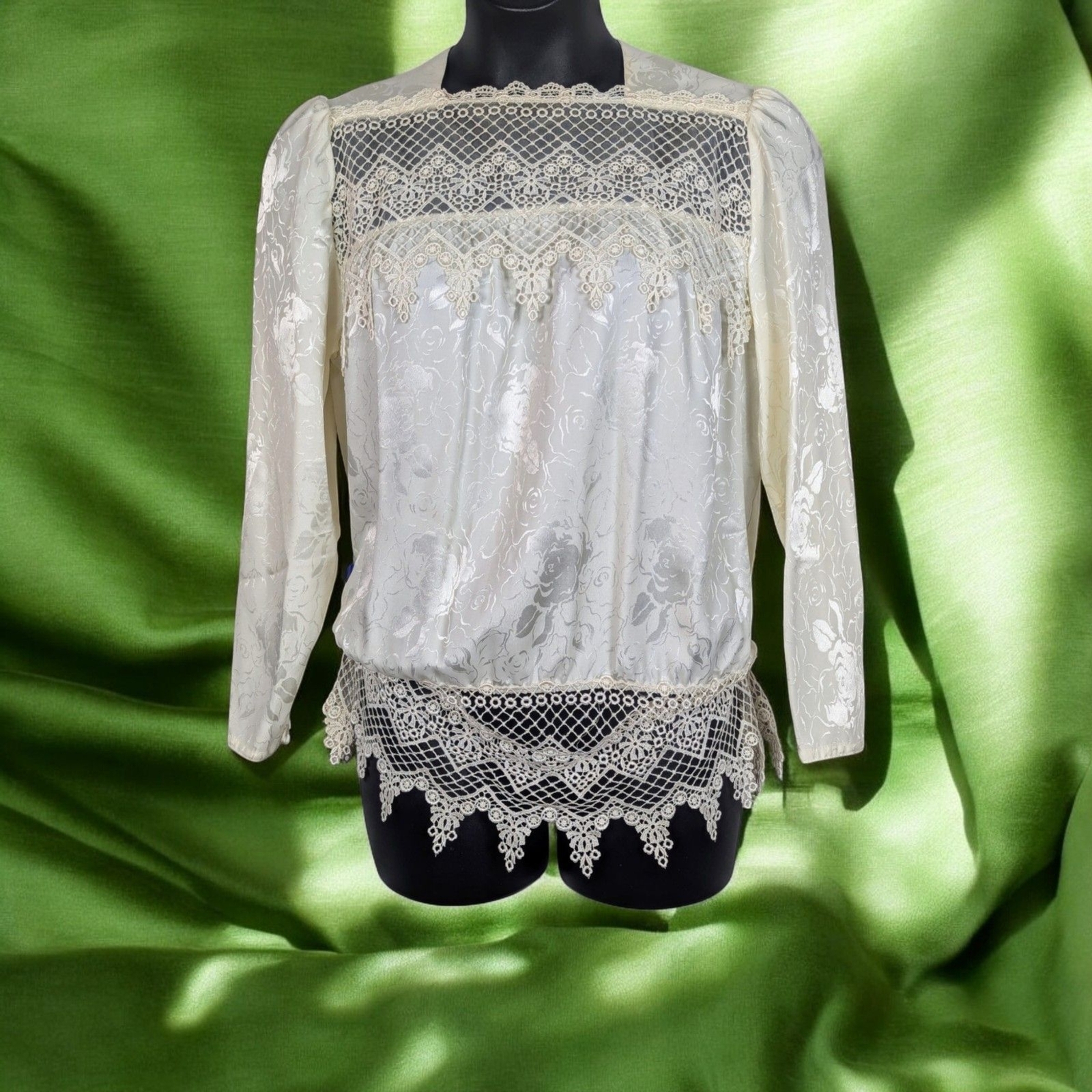 Vintage Victorian Satin Floral-Embossed Lace Blouson Top Maximalist Unique Large