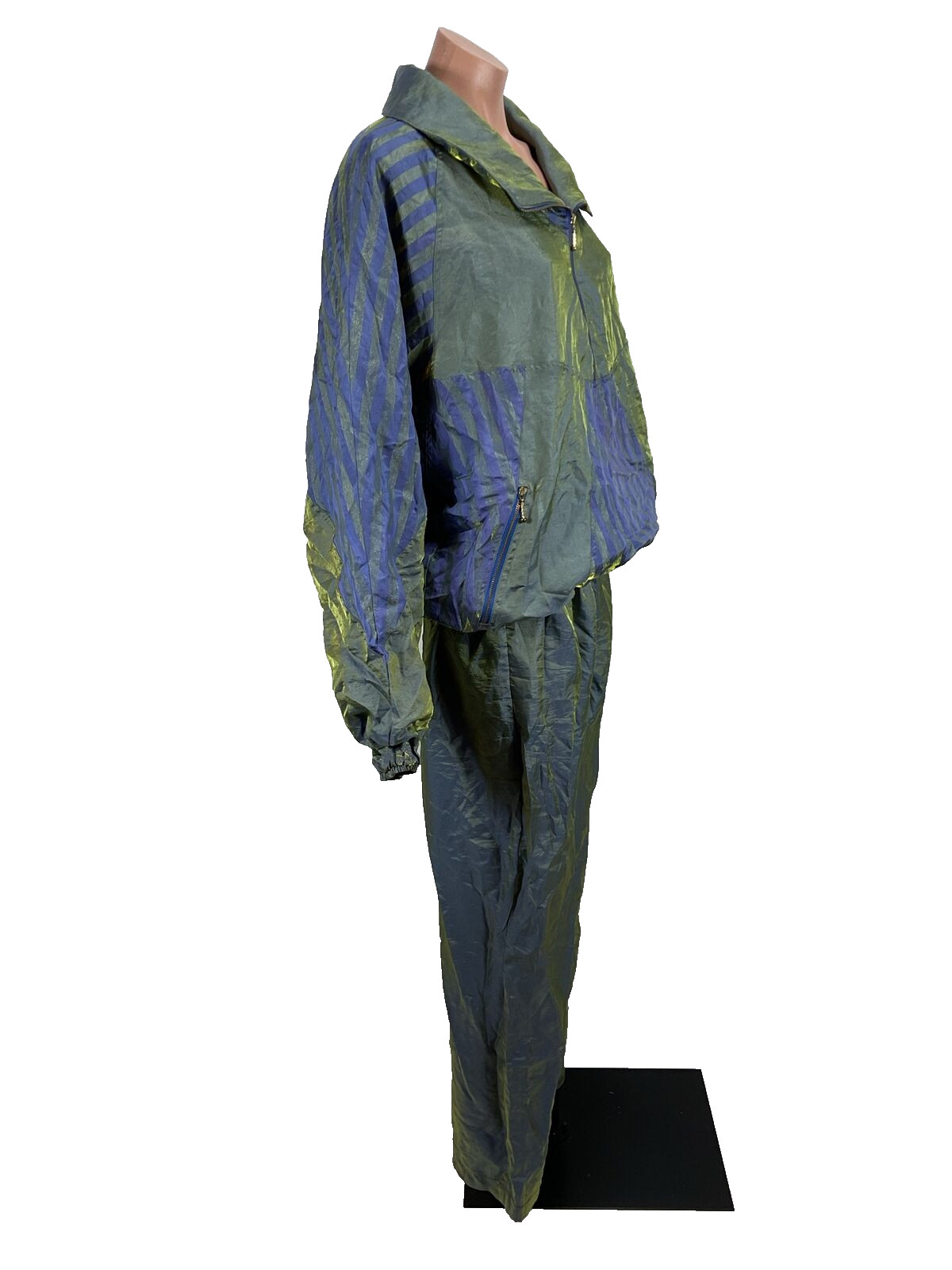 80s 90s Shiny iridescent Purple Green Tracksuit Jacket Pants Vintage L Striped