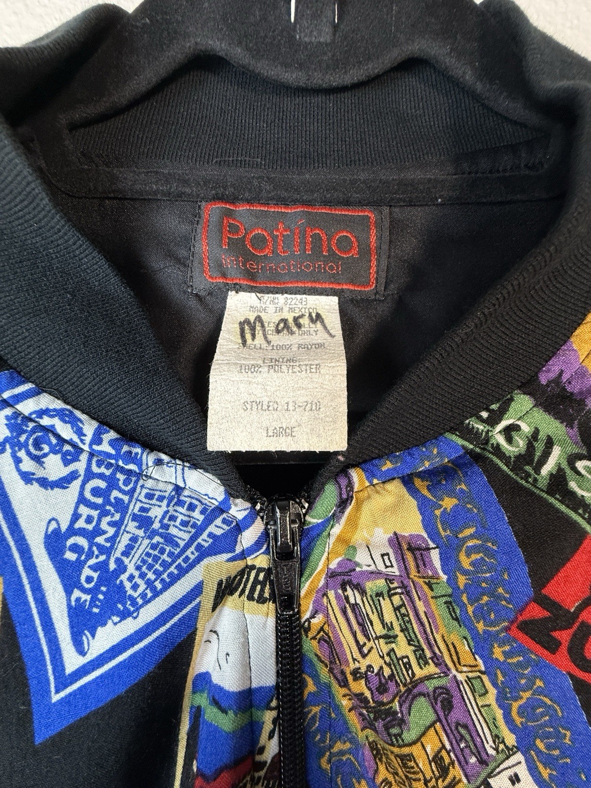 Vintage Patina International Novelty Passport Hotel Stamp Bomber Jacket Large