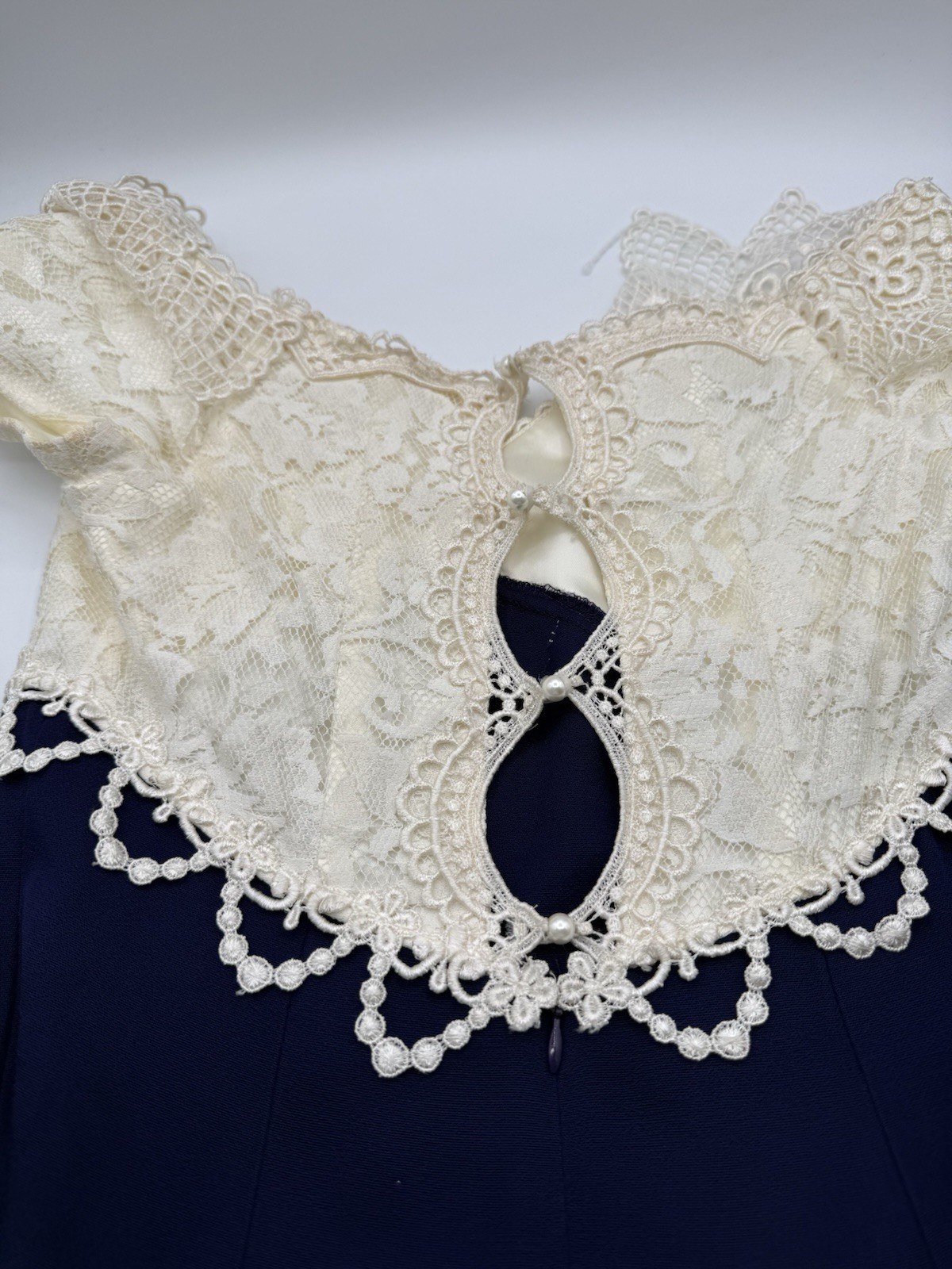 Vintage Scott McClintock Formal Gown Womens 8 Navy Ivory Lace Maxi Dress USA