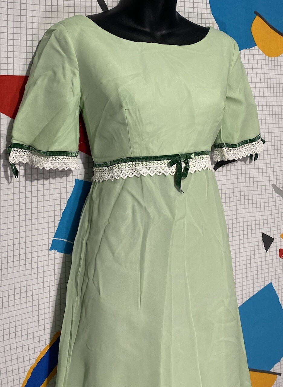 Vintage 50s Silk Chiffon Dress Green Lace Organza Velvet Ribbon 60s Maxi