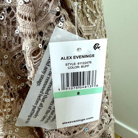 Alex Evenings Sequin Lace Gown 3/4 Sleeves Cascade Detail Front Slit Size 8 NEW
