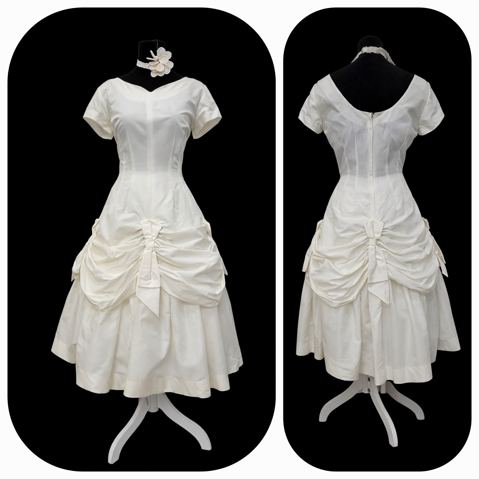 VTG Alfred Werber Mid Century Wedding Dress Short Sleeve Bridal Gown Ruched Bust