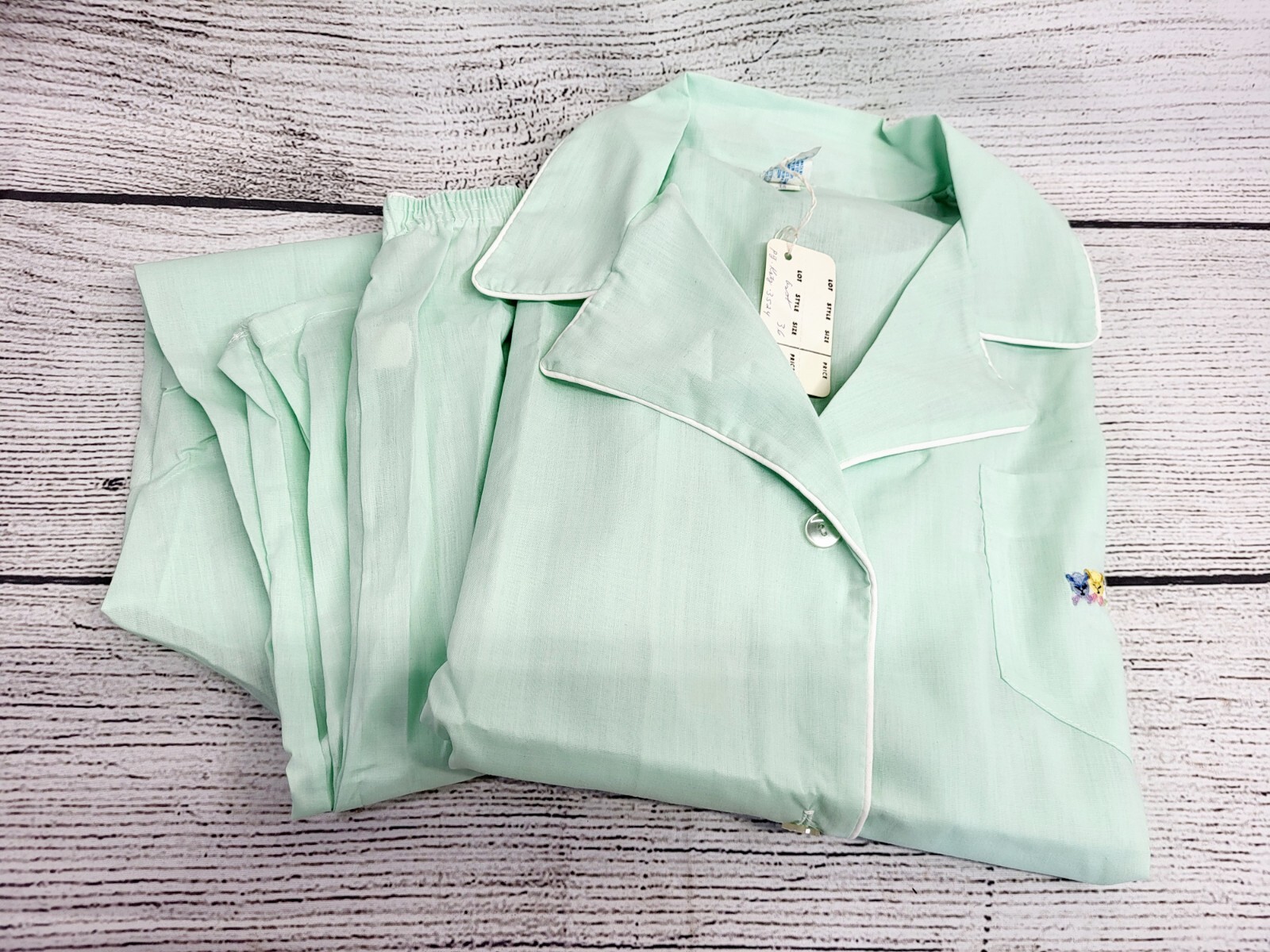 Vintage Katz Pajamas Powder Blue Kitty Cat Pocket Embroidery Single Stitch 38