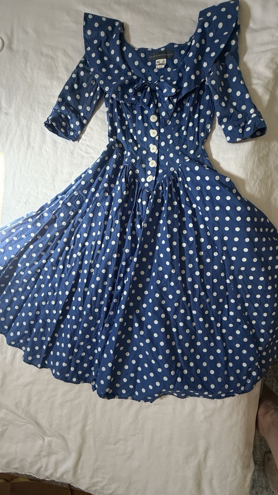 Vintage Karen Alexander 80s Blue Polka Dot Cotton Full Sweep Dress Size 8