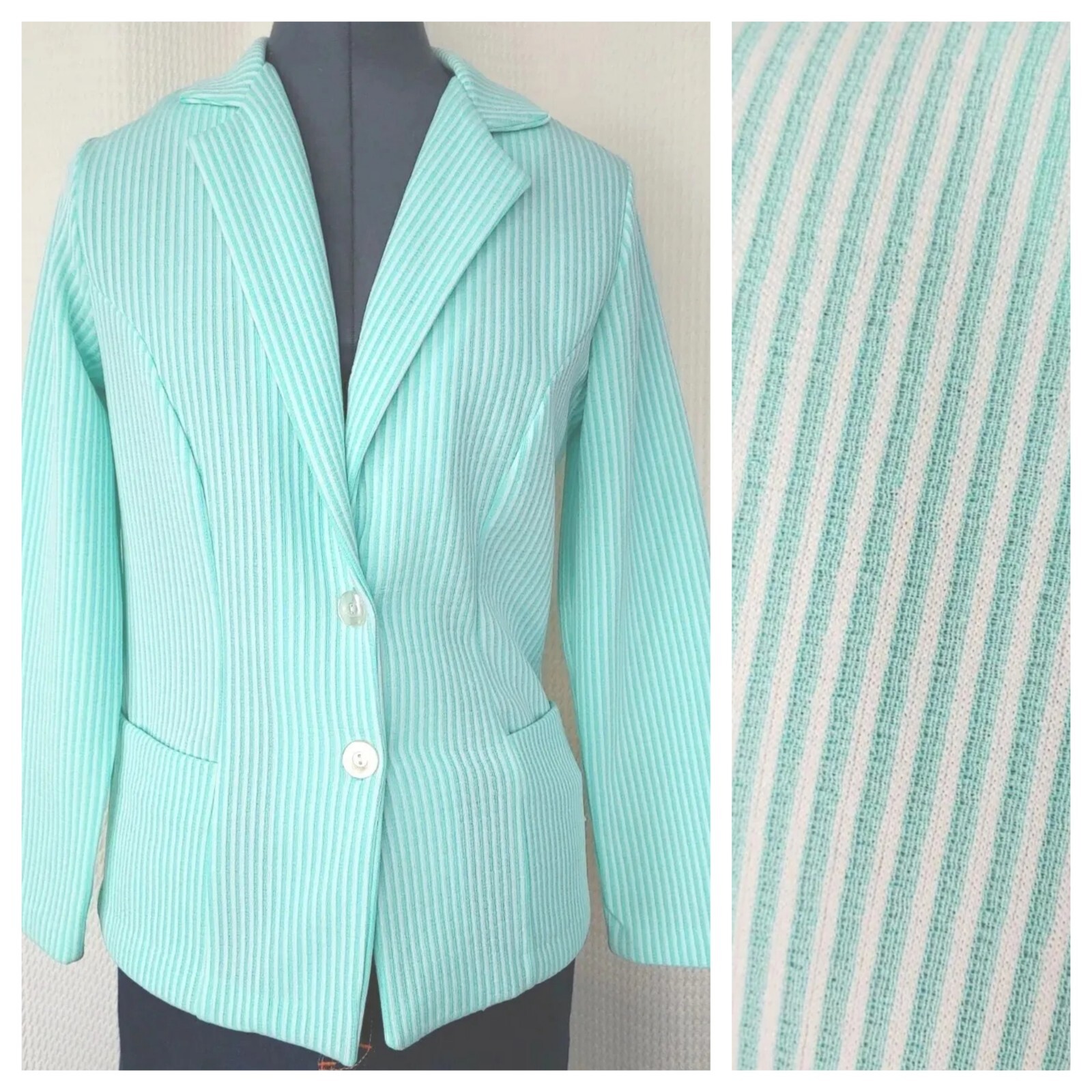 Vintage Unbranded Mint Green & White Striped Unlined Jacket Size 10