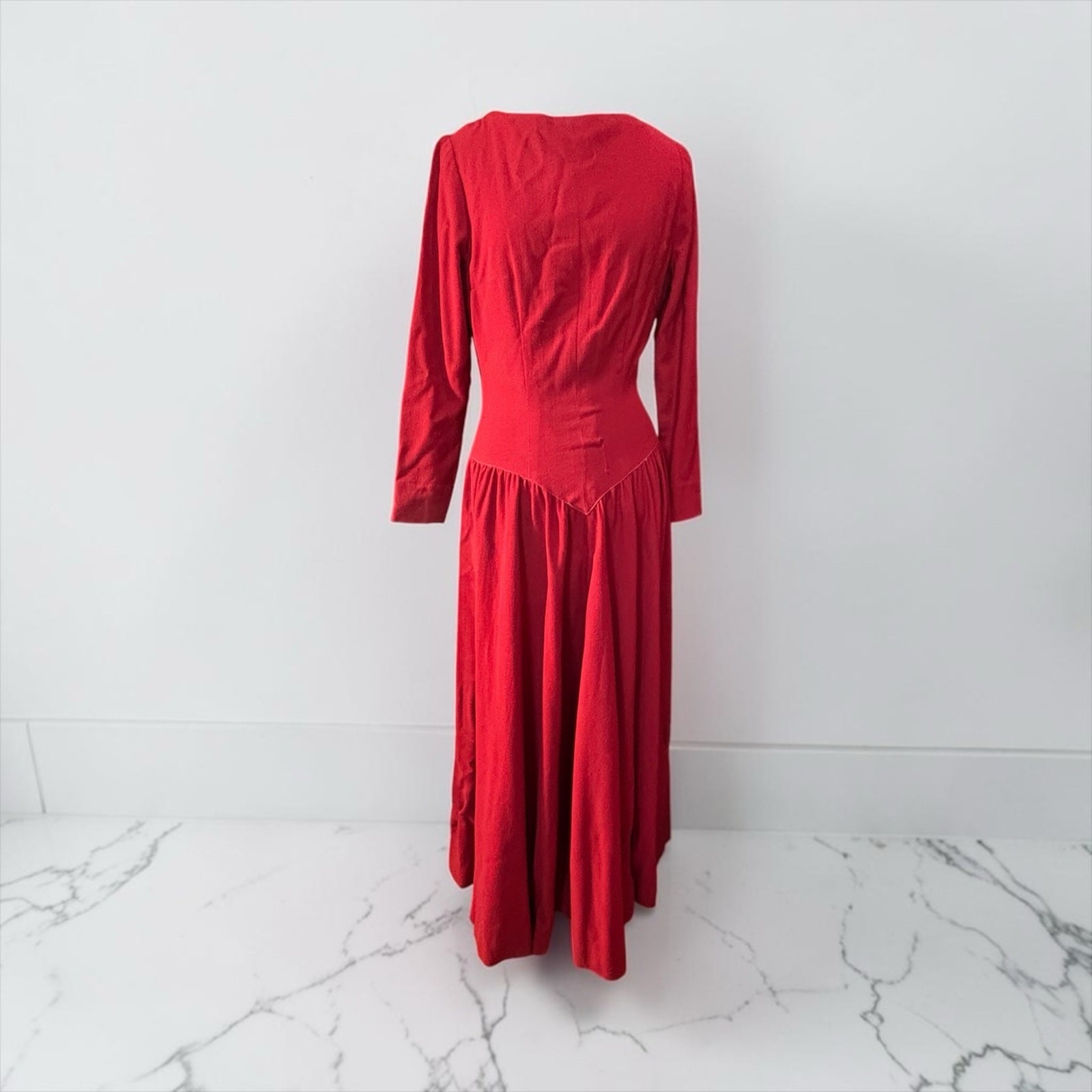 40s Red Wool Siren Dress Pointed Waist Dramatic Old Hollywood Mended 38 Bust