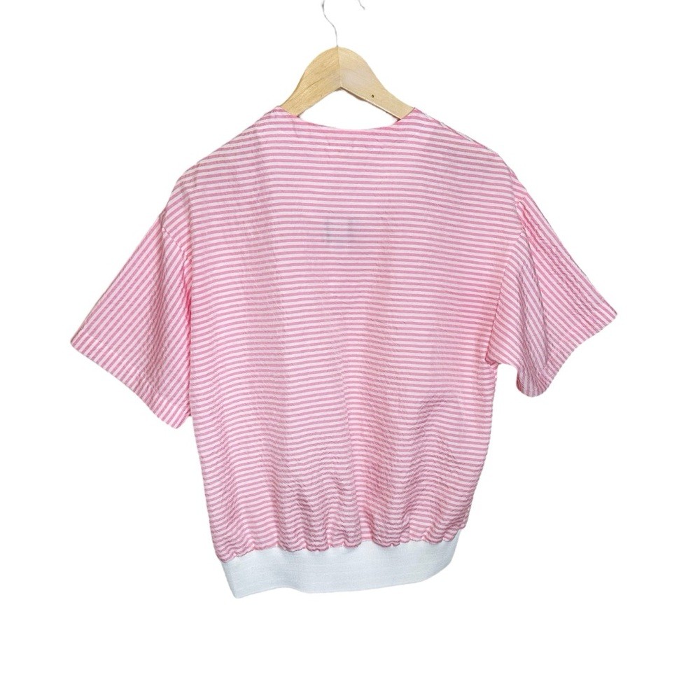 Vintage 80s 90s Bubblegum Pink Striped Button Shoulder Oversized Top Size 12