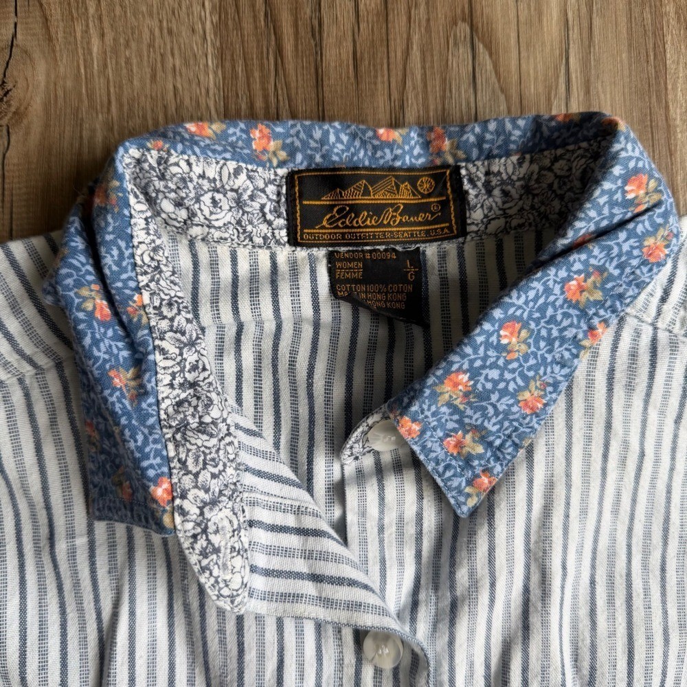Vintage Eddie Bauer Blue White Mixed Print Patchwork Button Down Shirt Large