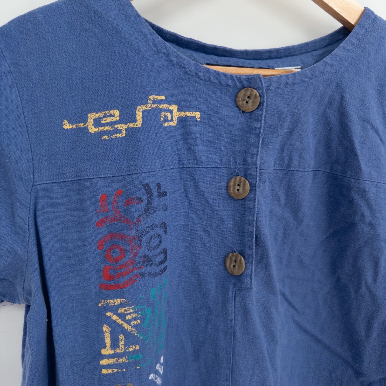 Vintage 90s Henley Dress Womens 8 Blue Linen Blend Boho Art to Wear Southwestern