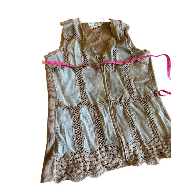 Vintage Rochelle California Leather Patchwork Crochet Zip Vest Tan Women’s M