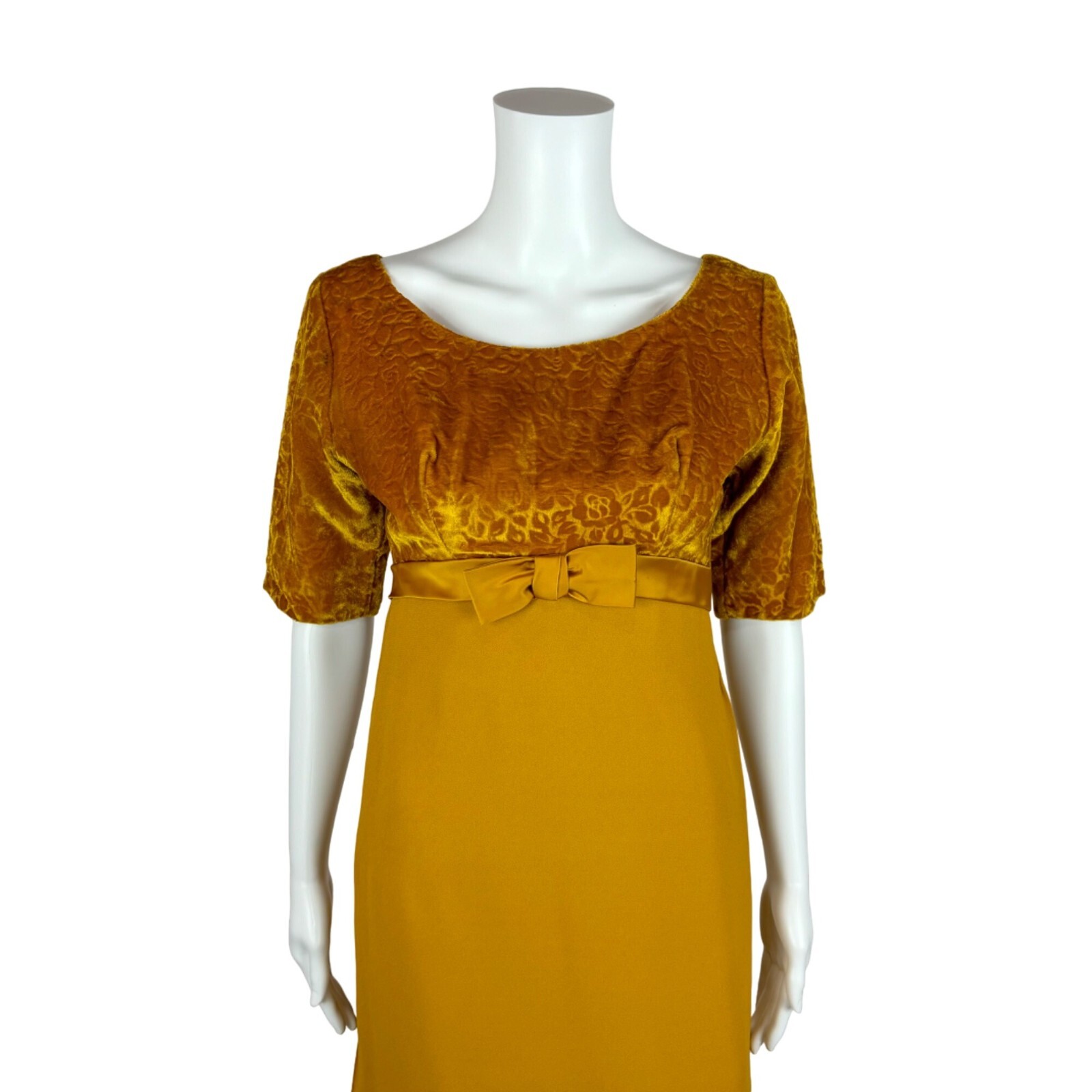 Vintage 60s Formal Dress Women’s Extra Small Mustard Yellow Velvet Maxi