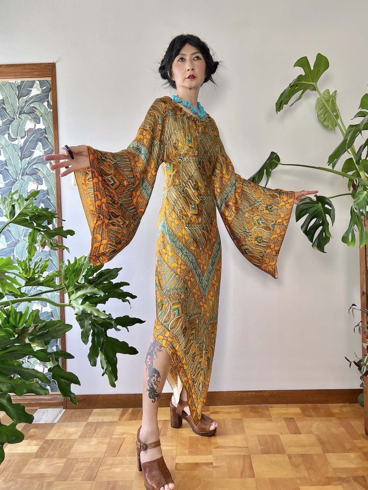 RARE 1960s 70s Psychedelic Chevron Caftan Dress Bias Cut Butterfly Sleeve Boho