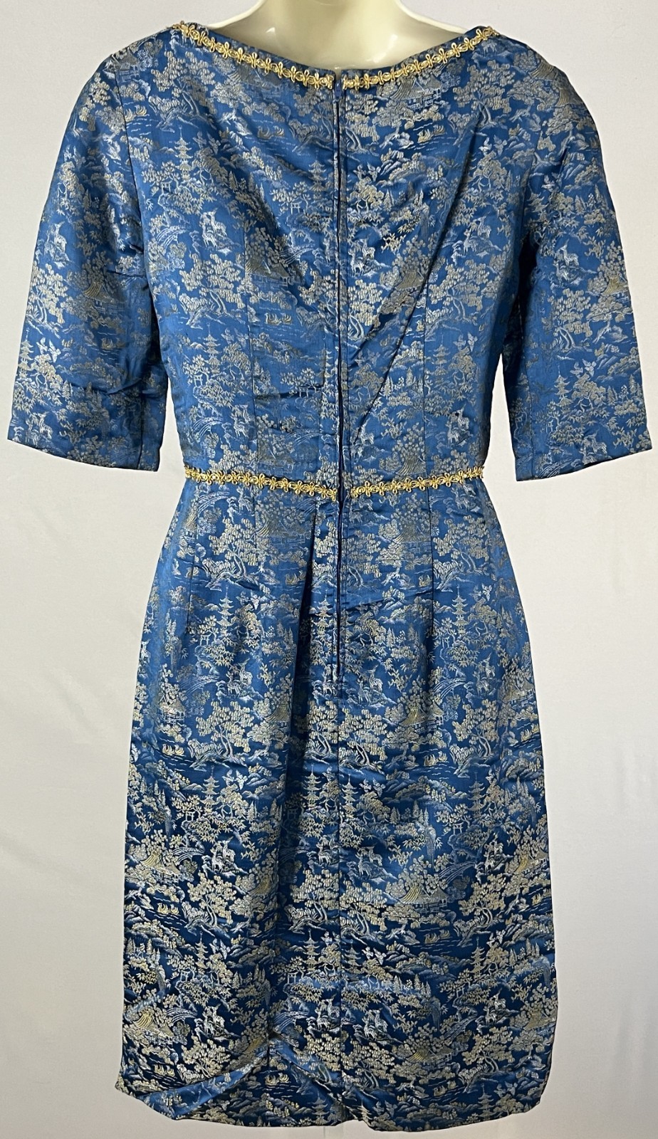Vintage 50s Gold Jacquard Brocade Dress Womens S Blue Cocktail Talon Zip